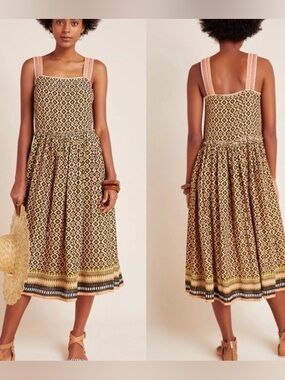 Anthropologie Conditions Apply Dress Printed Midi in Beige with Pink Straps